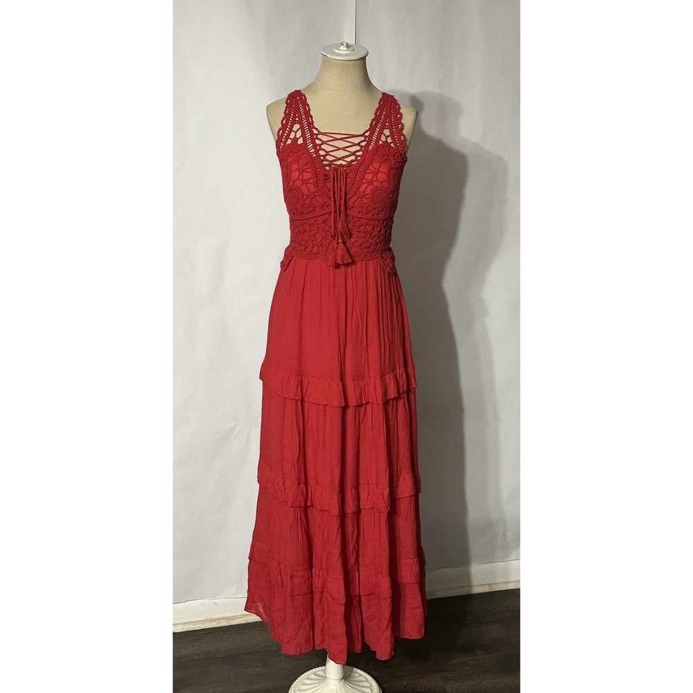 J GEE Women's Crochet Bodice Tiered Maxi Dress Coral Red Size S